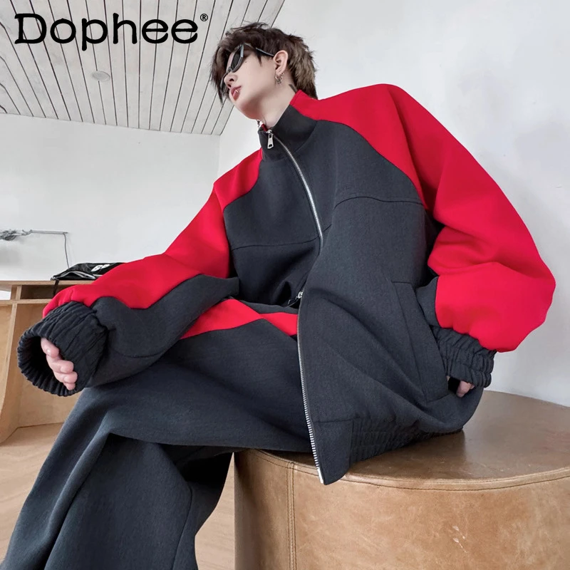 

Мужские куртки-толстовки с воротником-стойкой в стиле ретро, осень-зима 2025 года, новые спортивные спортивные штаны с широкими штанинами, комплект из 2 предметов