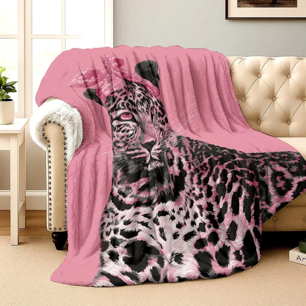Flannel Throw Blanket, Leopard Print on Pink Background, 2D Flat Print, Thickened and Warm, Nap Blanket, Portable, Large Size, f