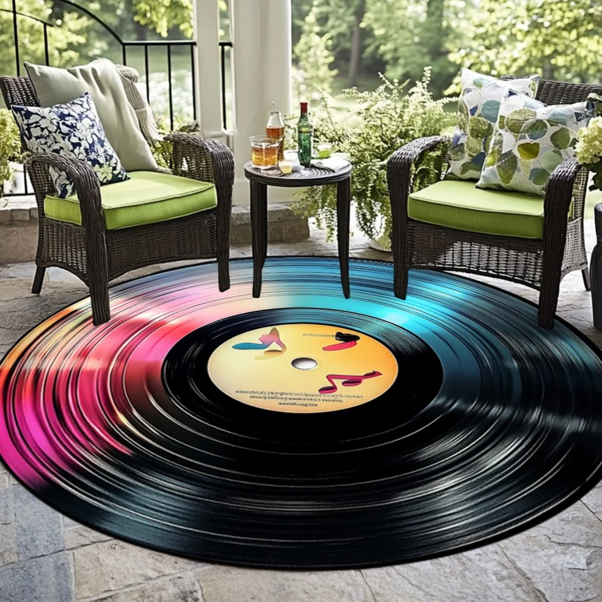 Vinyl Record Rainbow Round Rug Music Lover Gift Anti Slip Flannel Mat Retro Style Floor Covering Concert Themed Decor Party Room