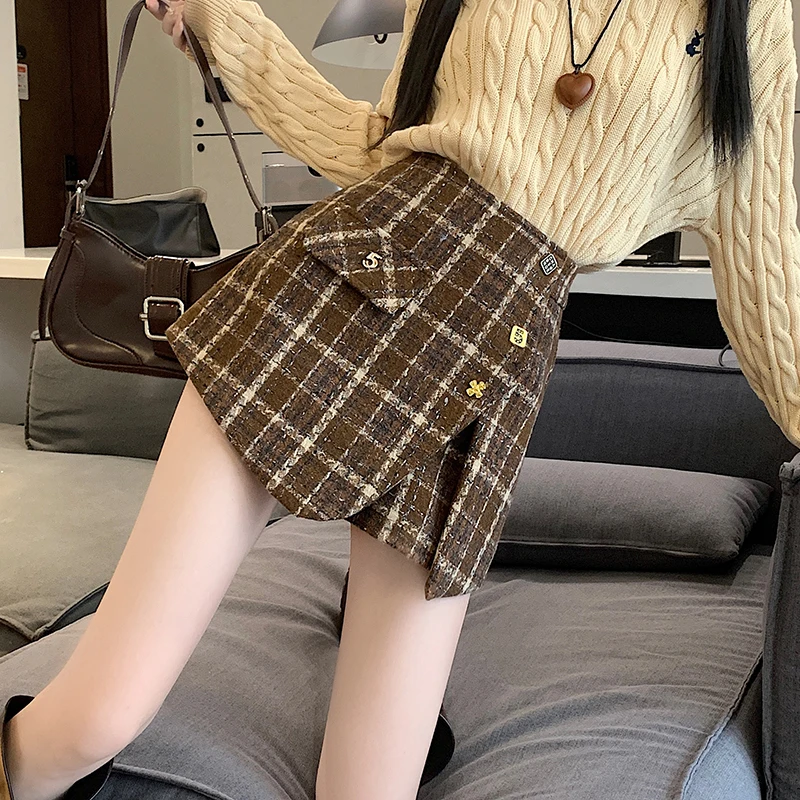 2023 Autumn/Winter High Waist Irregular A-line Slim Wool Plaid Small Fragrant Short Skirt Pants