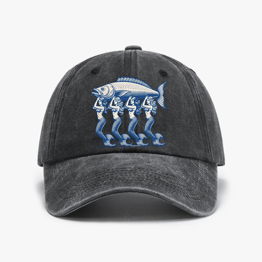 Marine Animal Mermaid Print Baseball Cap Beach Retro Distressed Washed cowboy Hat Adjustable women Soft Top hats For Men