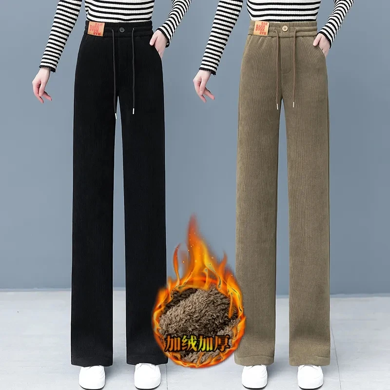 

Women Thicke Warm Lace-up Wide Leg Straight Pants Winter New Vintage Loose High Waist Casual Sweatpants Female Corduroy Trousers