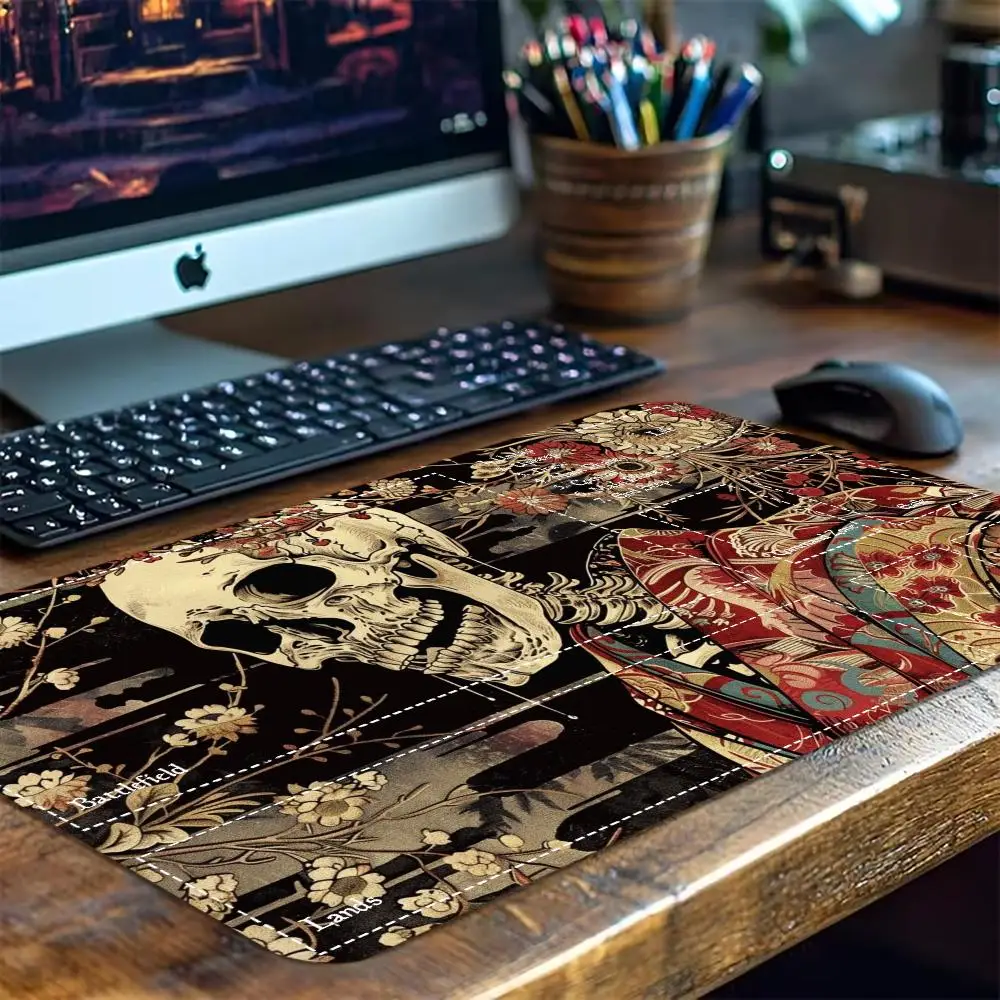 Gothic Dark Skull Cherry Blossom Floral Game Play Mat Smooth Thick Rubber Base For Card Tabletop Gaming And Computer Desk Setup
