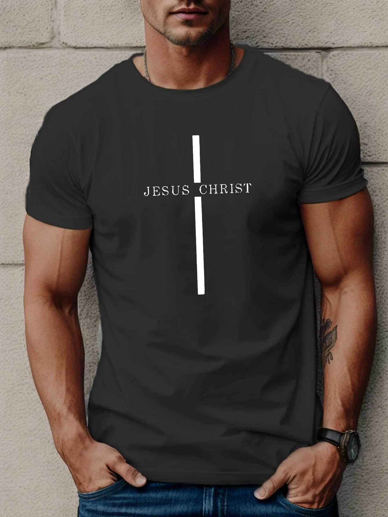 100% cotton men's casual, loose, breathable and fashionable JESUS CHRIST letter pattern printed short sleeved round neck top