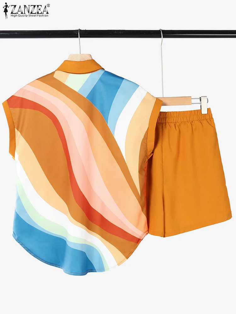 Frauen Kurze Sets ZANZEA Sommer 2025 Vintage Gedruckt Zwei-stück Outfits Mode 2 stücke Revers Kurzarm Top und shorts Casual Sets