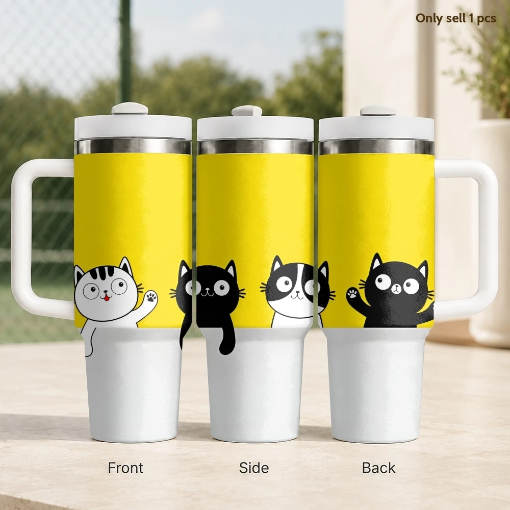 

Cute Cat Kawaii Feline Vacuum Flasks 40oz Stainless Steel Insulated Tumbler with Handle Straw Leakproof Cup Daily Travel Mug