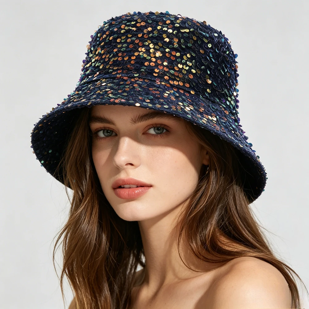 Fashion Shinning Sequins Summer Bucket Hat For Women Best Matched Outdoor Street Style Fisherman Cap Female Beach Sun Hat Gift