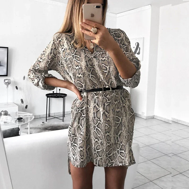 New Spring V-Neck Shirt Snake Print Wrap Dress Bohemian Beach Flared Dress Women Autumn Short Casual Elegant Dress