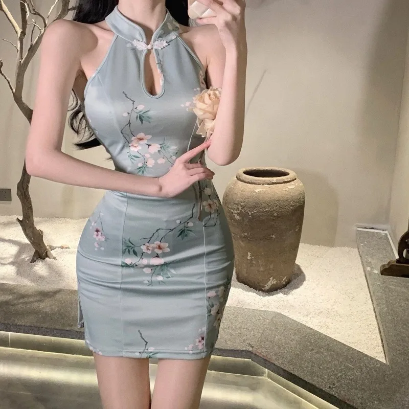 150Kg Plus Size Modified Cheongsam Temperament Retro Chinese Style Qipao Dress Ins Trend Sleeveless Backless Split Mini Dresses