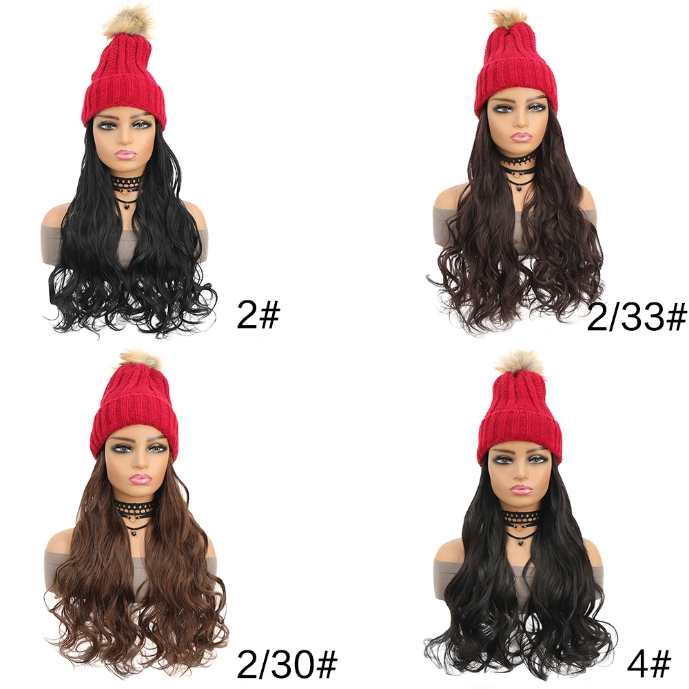 18 inches Long Wavy Curly Red Knit Hat Wig Long Wavy Curly Hairpieces Attached Hat with Hair Winter Knit Warm Hat with Hairpiece