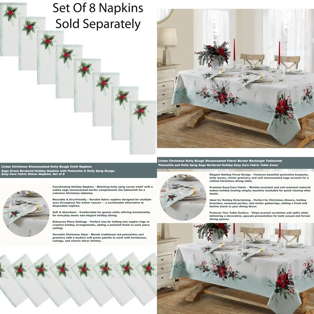 

60x144in Sage Green Poinsettia & Holly Christmas Tablecloth with Easy Care Fabric