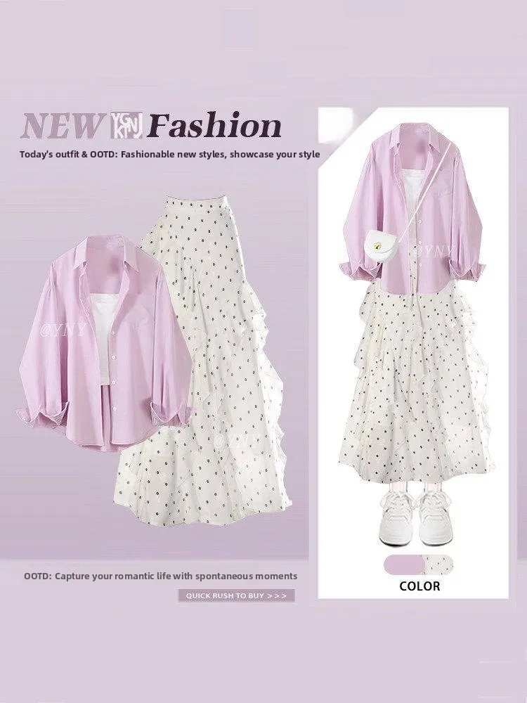 

Spring Summer Dopaamine Set Women's Purple Gentle Wind Shirt Strap Design Slimming Polka Dot Skirt Three Piece Set