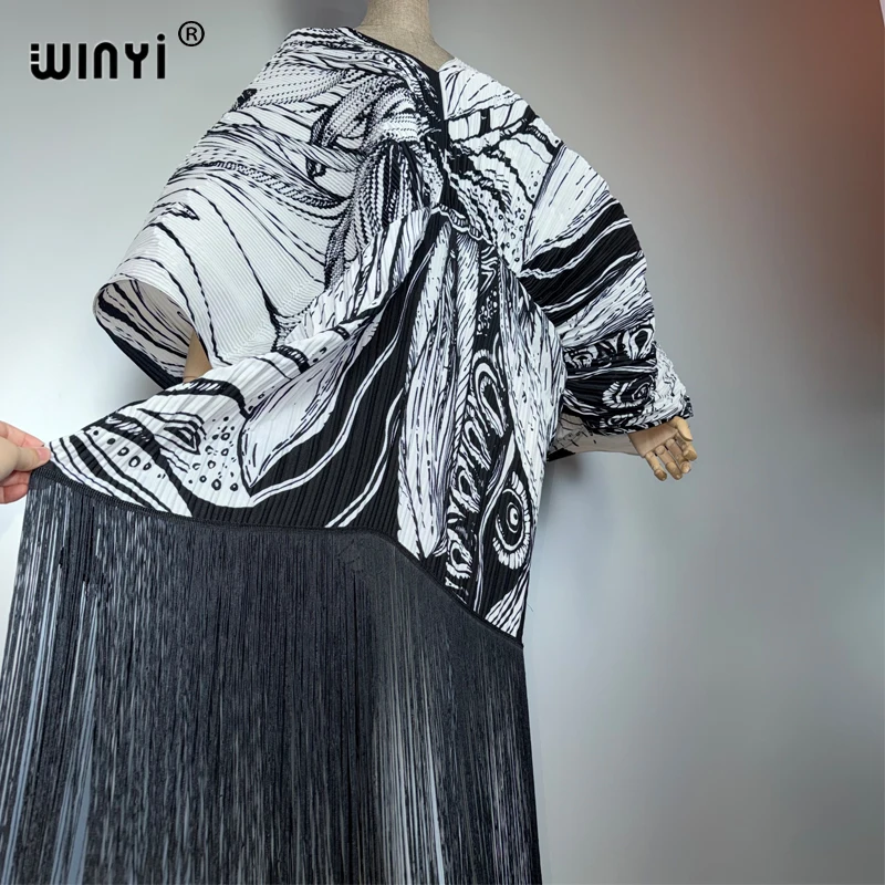 Sukienka WINYI z frędzlami, plisowana, damska, marszczona, luźna, w stylu boho, długa, typu robe, maxi, damska, vestidos, na wakacje, imprezę, elegancka, plisowana sukienka