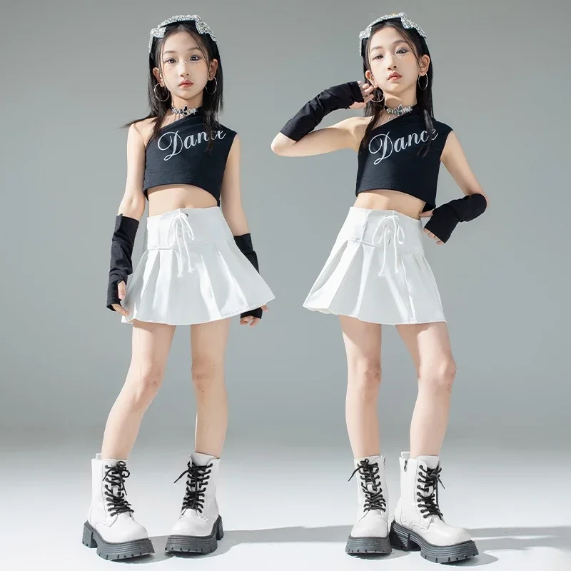 

Black White Jazz Dance Suit Girl Model Show Stage Wear Kpop Dance Outfit Crop Top Leather Skirt Children Fashion Streetwear