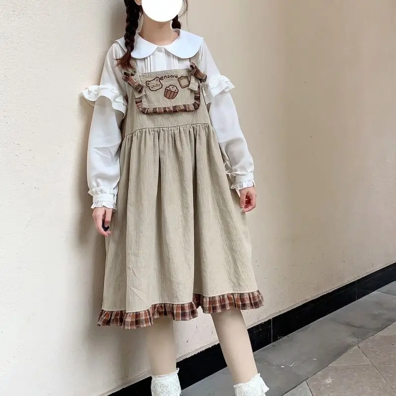 Cute Corduroy Loose Ruffles Patchwork Plaid Overalls Qweek Kawaii Lolita Dress Japan Bear Print Japanese Lolita Sweet Dresses