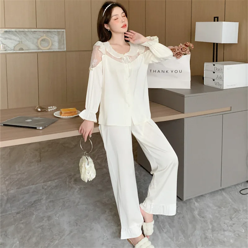 Temperament Noble Summer Satin New Pajamas Women Ice Silk Cardigan Hollow Lotus Collar Loungewear Elegant Lace Pyjamas Sets Pj