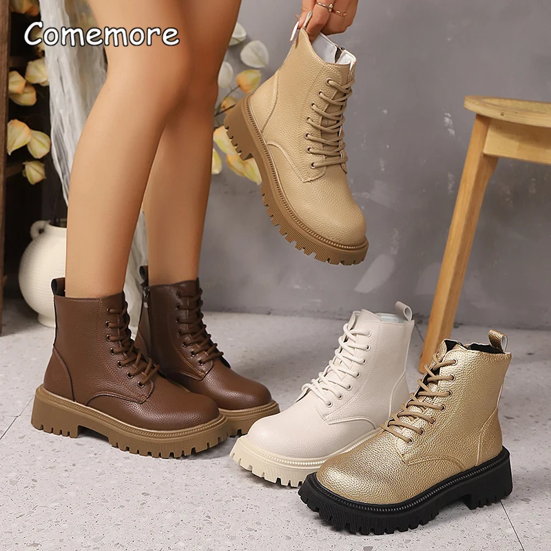 Fashion Gold PU Leather Platform Ankle Boots Women Thick Sole Lace Up Brown Booties Woman Autumn Winter Chunky Heel Short Boots