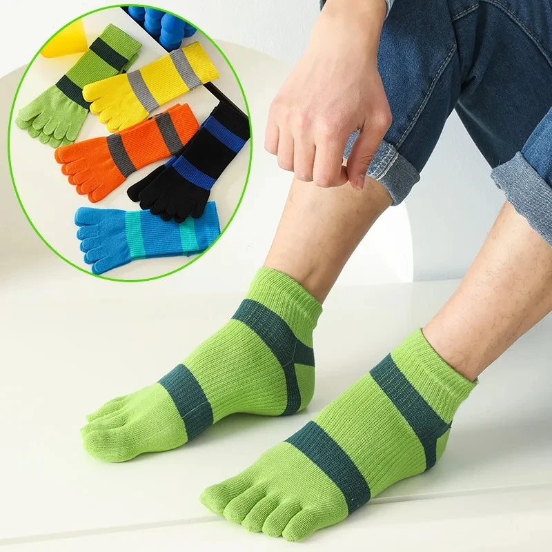 Man Sport Ankle Socks Compression Striped Bright Color Deodorant Sweat-Absorbing Shallow Mouth 5 Finger Toe Boat Socks 4 Seasons