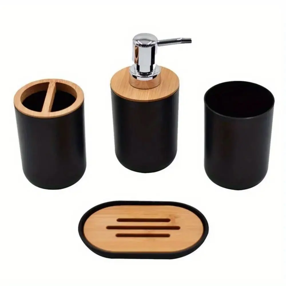 

4 Piece Set Bathroom Accessories Set Durable Plastic Soap Lotion Dispenser Bamboo Wood Wear Resistant Soap Dish Hotel