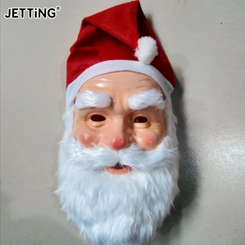 Christmas Santa Claus Plastic Mask With Red Santa Hat Adult Santa Claus Costume Props Cosplay Dress Up Xmas Party Carnaval Mask