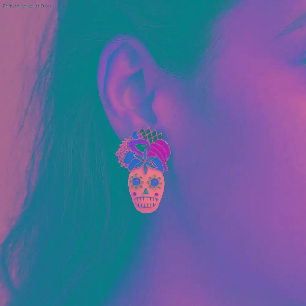 

Personality Dripping Oil Skull Earrings Flower Dripping Oil Vintage Earring Jewelry Rhinestone Enamel Skeleton Stud Earrings