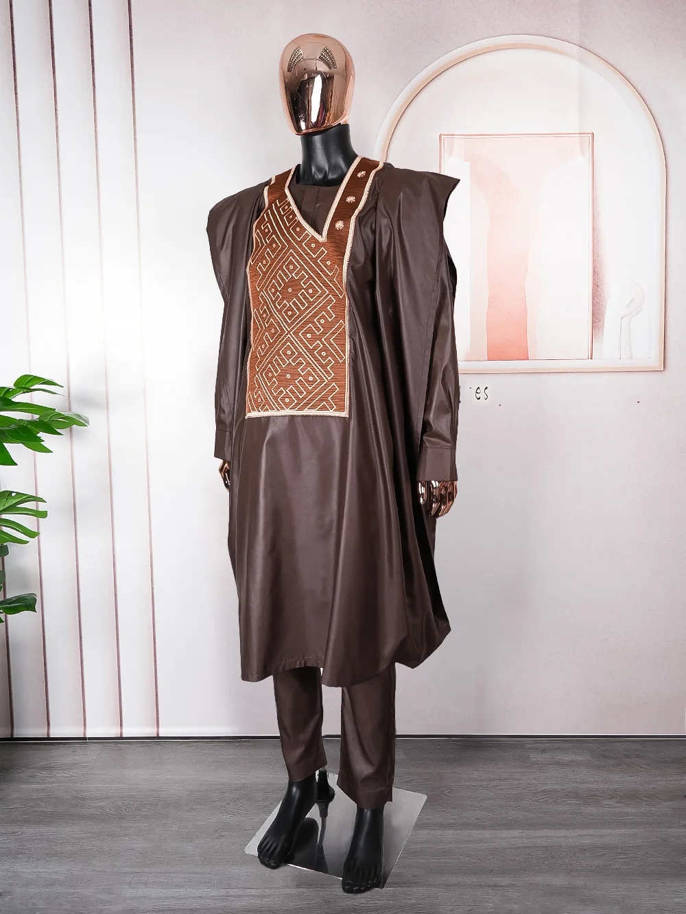 H&D African Clothes for Men Tradition Wedding Party Clothing Robe Embroidery Brown Shirt Pants 3 Pcs Set Dashiki Agbada Ramadan