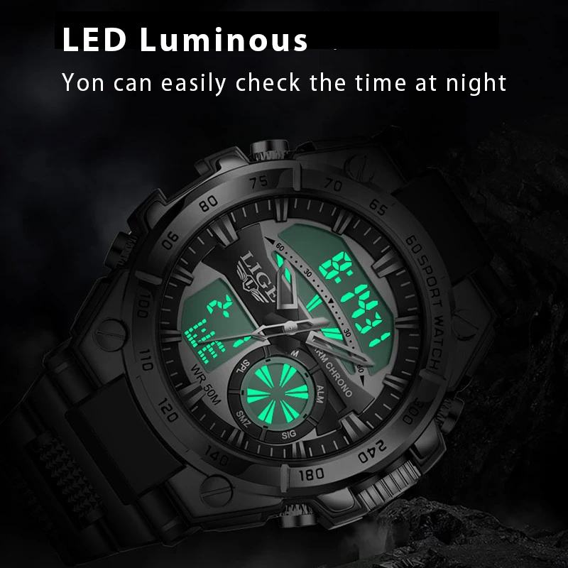 LIGE Luxury Man Watch Fashion Digital Dual Display Sport Men Quartz Watches Luminous Waterproof Military Watch For Men Relojes