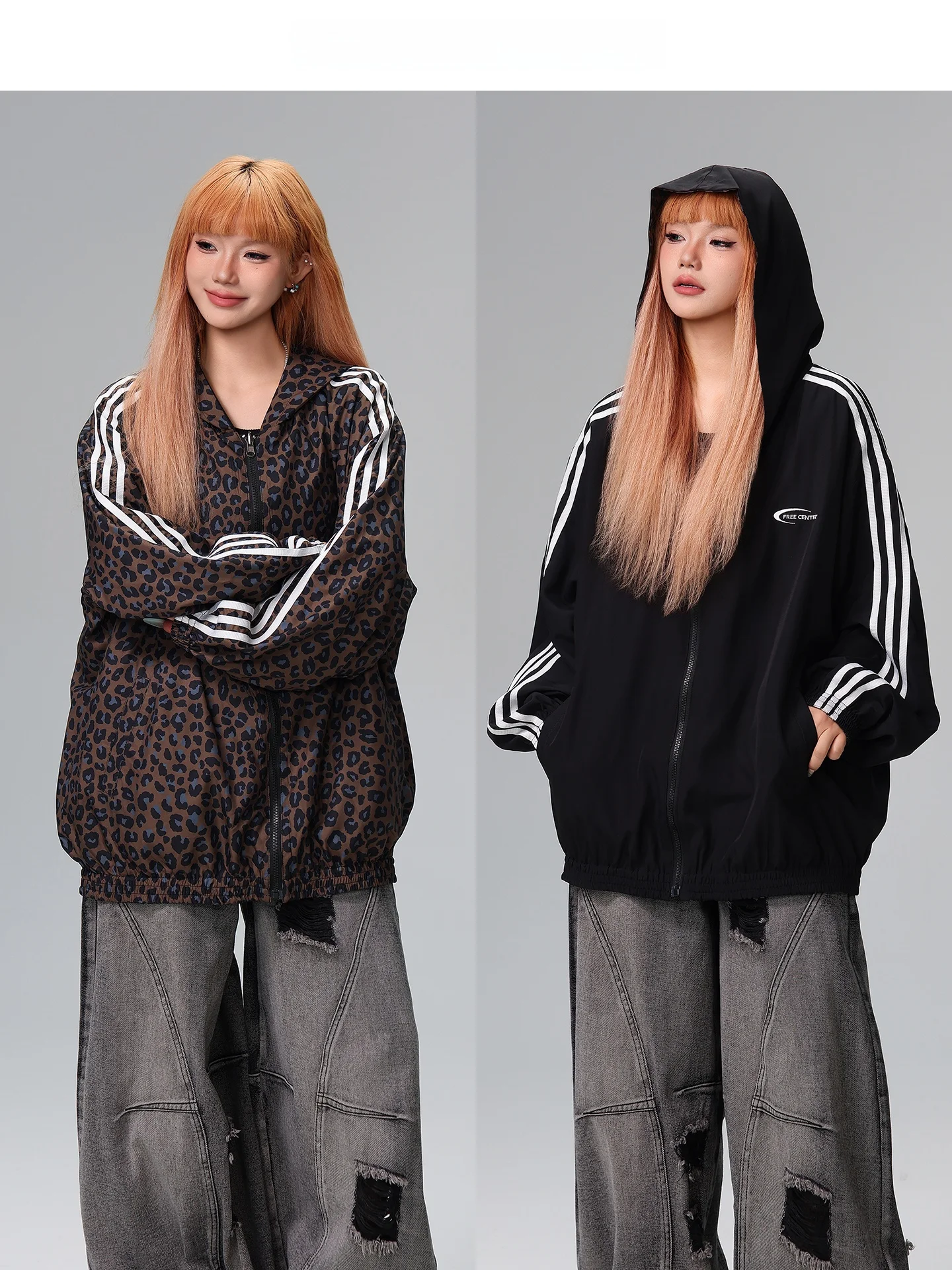 

ex American Retro Leopard Print Jaet Hooded Casual Outerwear Autumn Top Polyester Fiber Long Sve Zipper Closure Coat