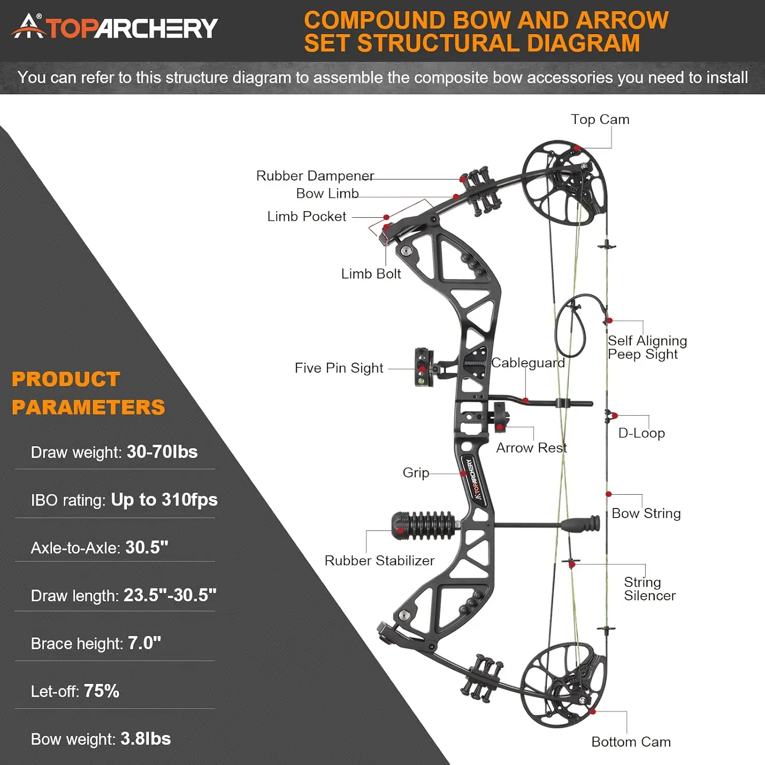 Right-Hand Archery Compound Bow for Adults, Youth and Beginners, Adjustable 30-70 lb Draw Weight and 23.5-30.5 in Draw Length