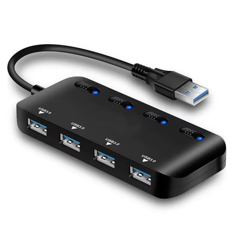 4‑Port USB 3.0 Hub 480Mbps High Speed Splitter Dock with LED On/Off Switch Portable Expander for Laptops Tablets PC Notebook