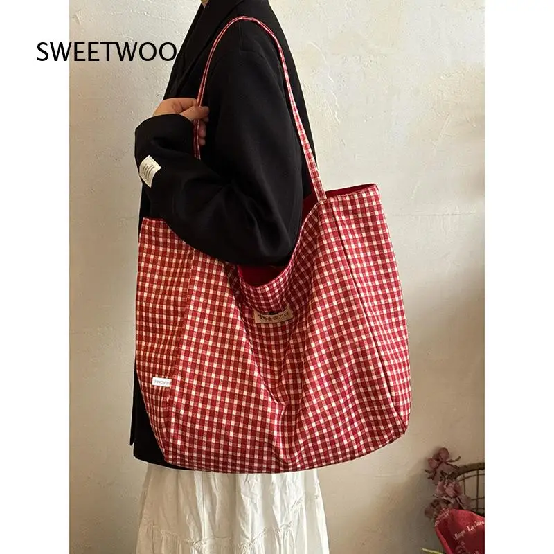 Bright Red Canvas Tote Bag Letter Print Reversible Plaid Lining Large Capacity Casual Daily Shopping Student Shoulder Handbag