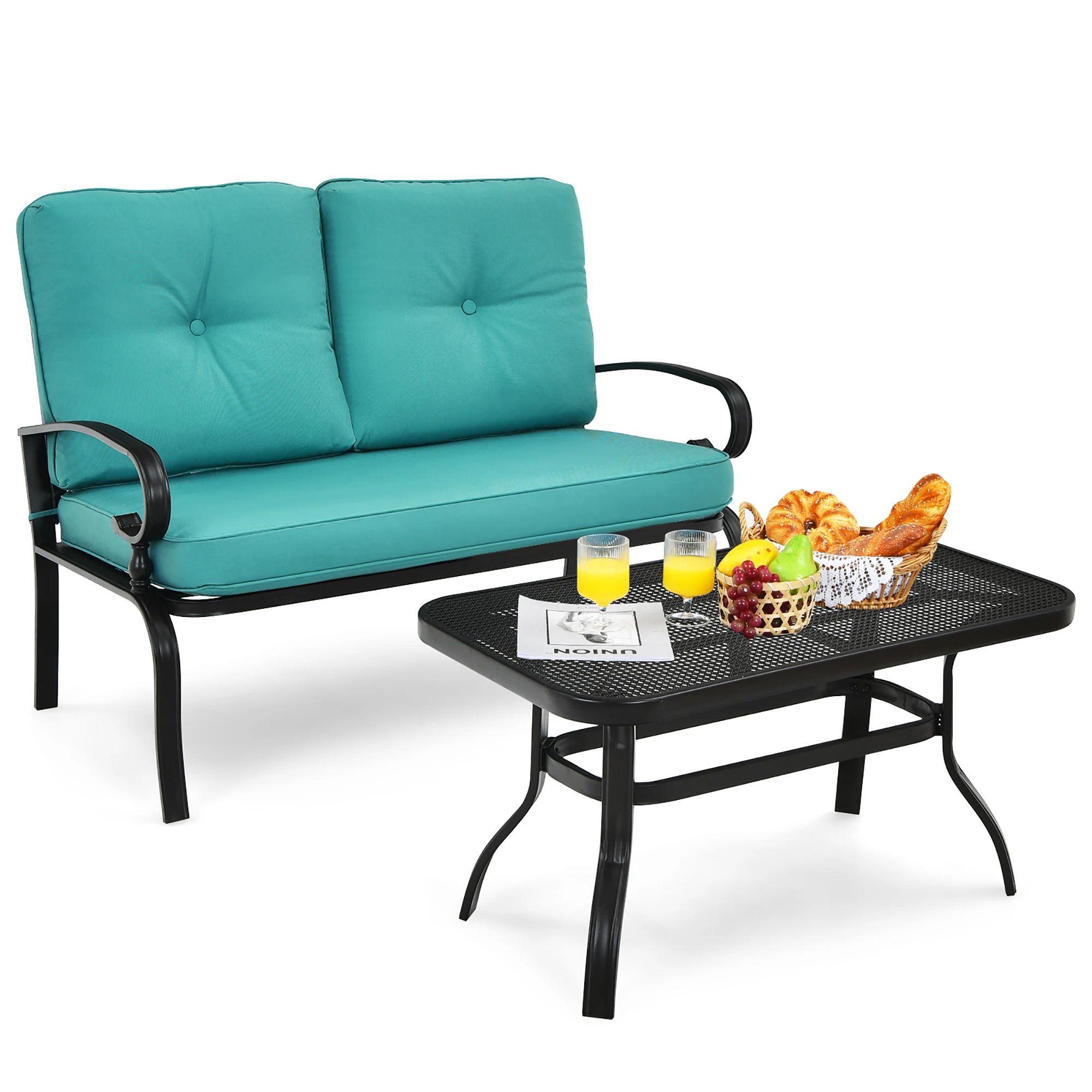 2PCS Patio Loveseat Bench Table Furniture Set Cushioned Chair Turquoise