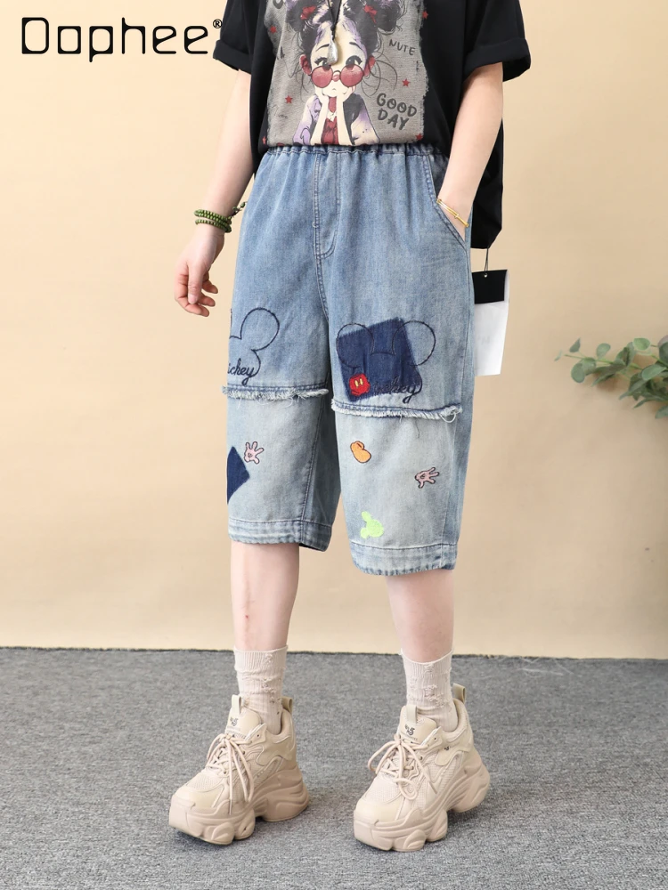 

Splicing Popular Short Pants Women's Loose Cartoon Embroidered Straight Denim Five-point Medium Pants Thin Jeans Woman
