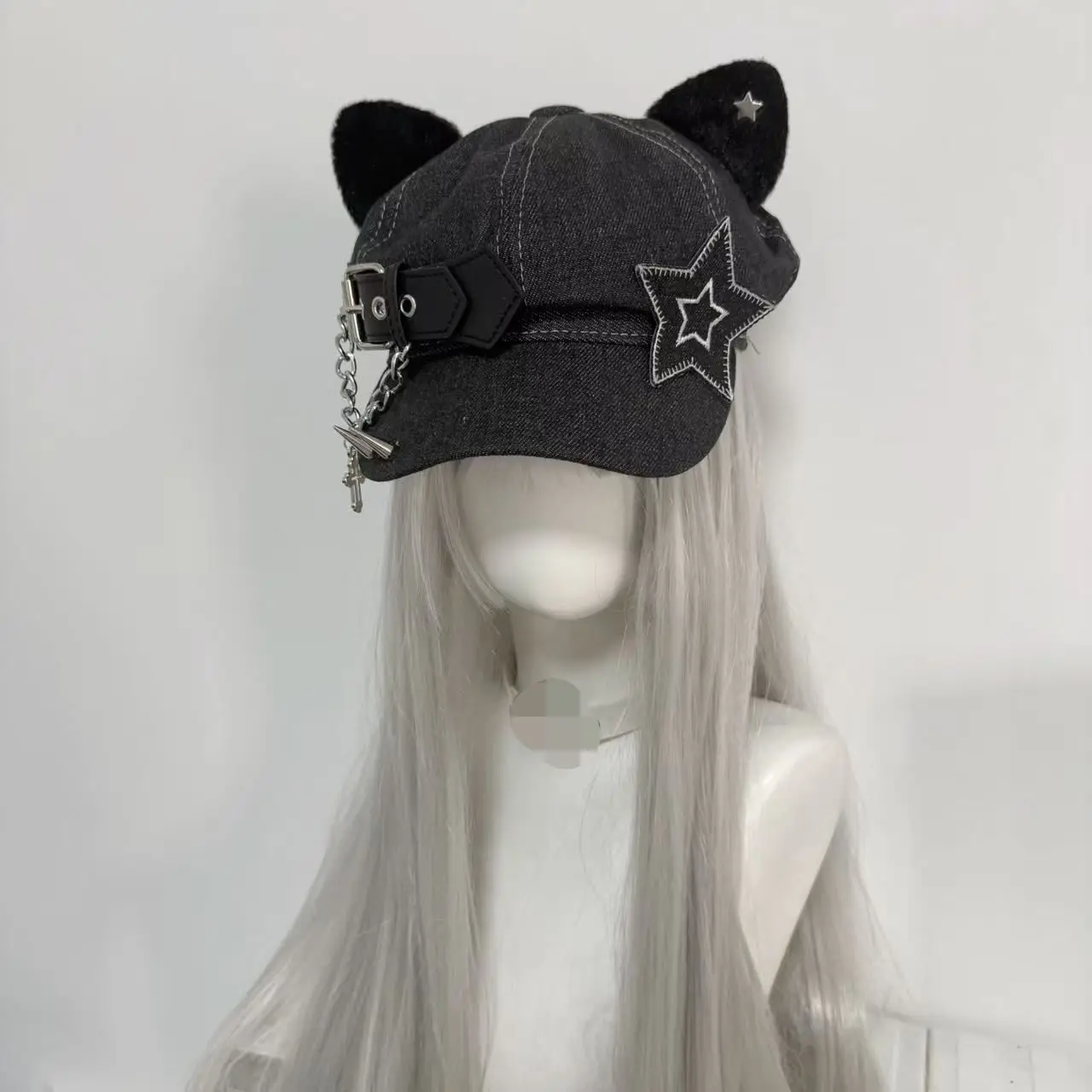 Women's Y2K Punk Streetwear Cat Ear Rivet Leather Beret Handmade Cap Gothic Lolita Harajuku Style Cowboy Hat for Girls