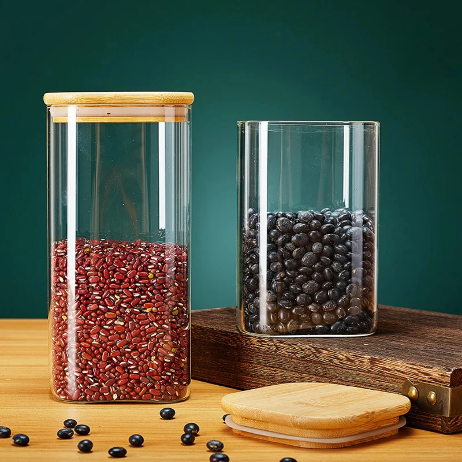 Glass Square Jars with Stylish Bamboo Lid for Storing Coffee, Grains, Noodles, and More - Perfect Food Storage Containers for Or