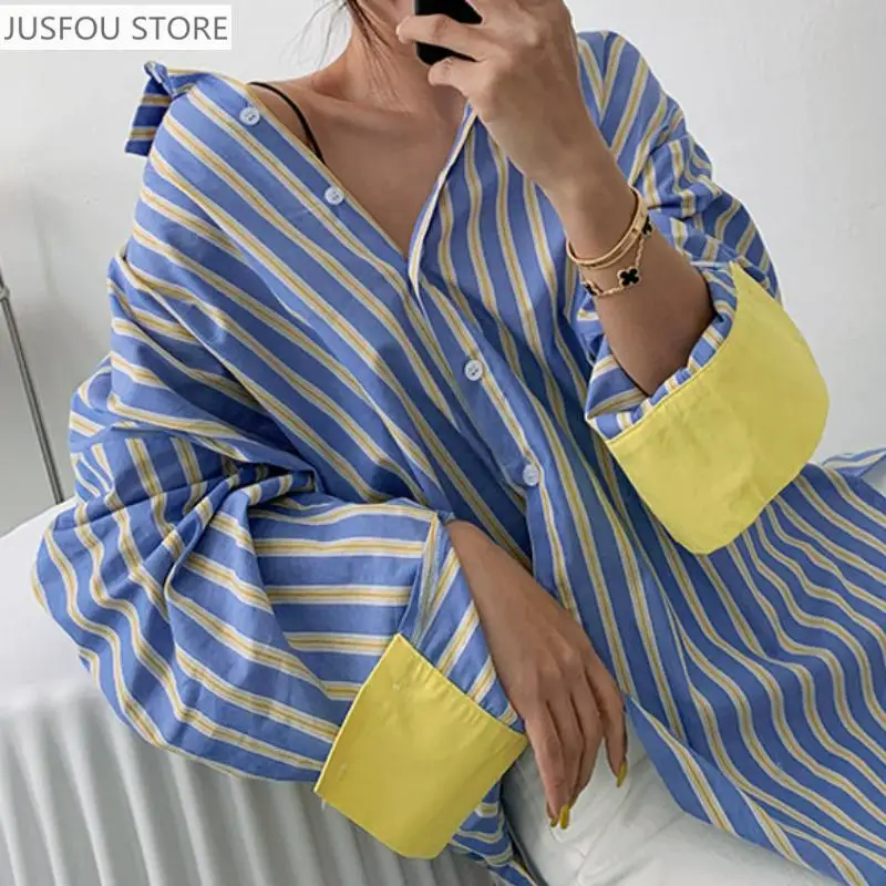 

Women's Turn Down Collar Stripe Contrast Color Patchwork Blouses Blusas Mujer De Moda 2025 Long Sleeve Single-Breasted Shirts