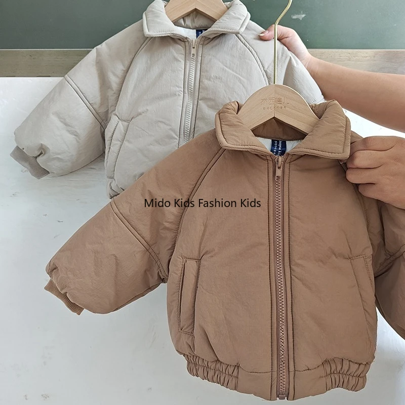 Boys and girls Korean version new winter jacket ins children solid colour lapel zip cardigan jacket long-sleeved cotton clothes
