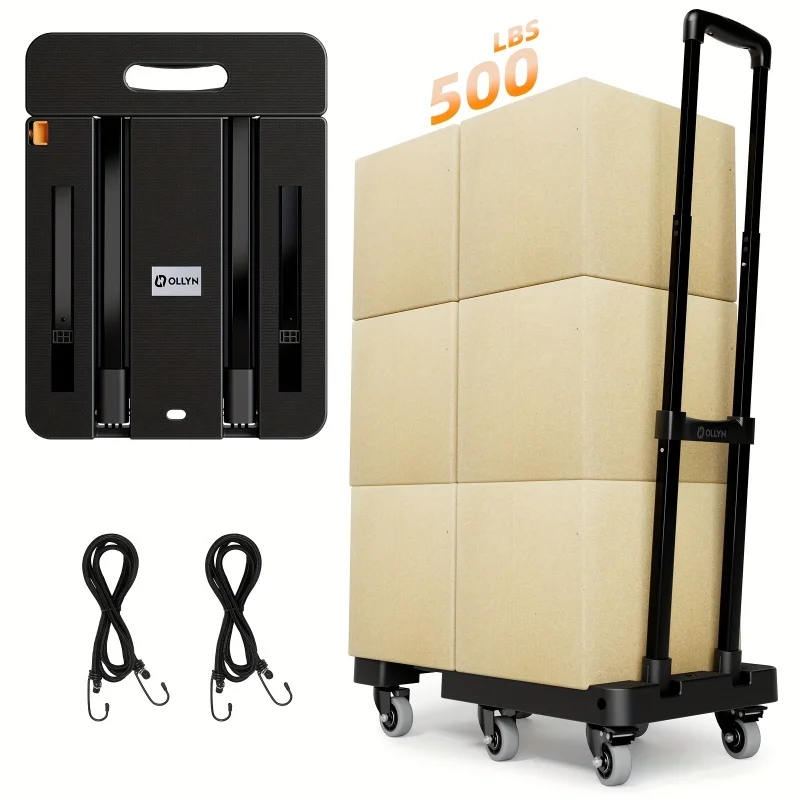 Folding Hand Truck, 500 LB Heavy Duty Luggage Cart, Utility Dolly Platform Cart With 6 Wheels & 2 Elastic Ropes For Luggage