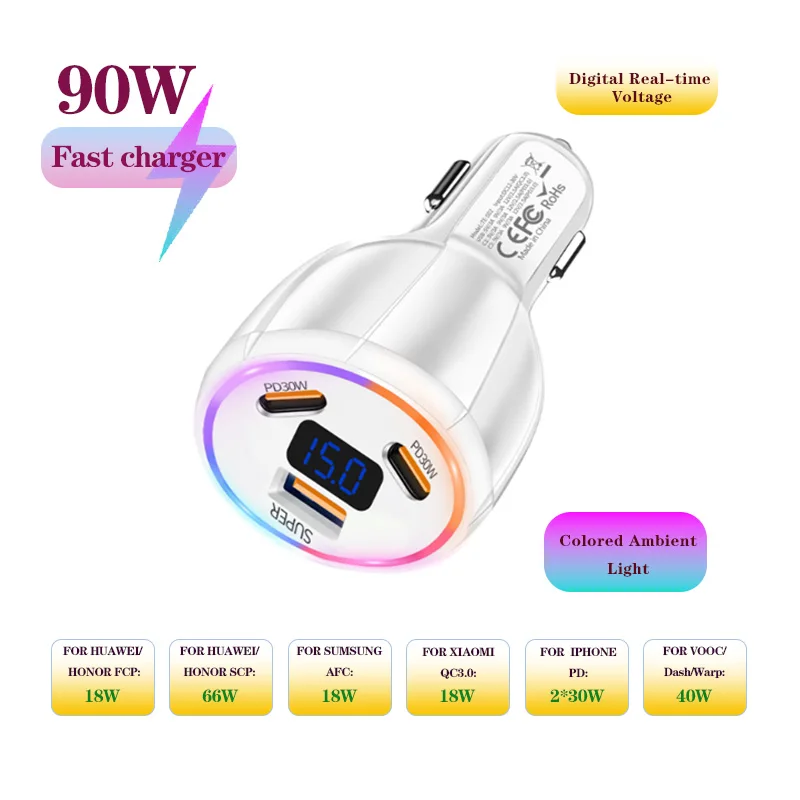 

90W 3Port Car Super Fast Charger QC 3.0 PD30W Digital Real-time Voltage With Color Atmosphere Lamp Car Cigarette Lighter Charger
