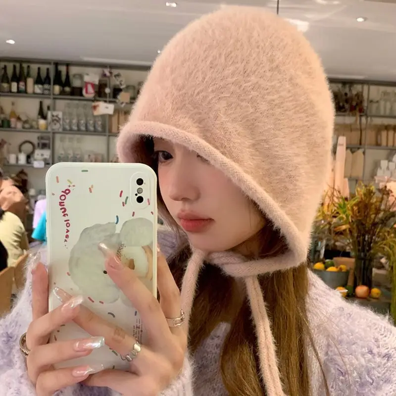 Women's Winter Cute Beanie Hat Warm Knit Hats Outdoor Drawstring Bomber Hats Balaclava Caps Red New Year Christmas Hat Gifts