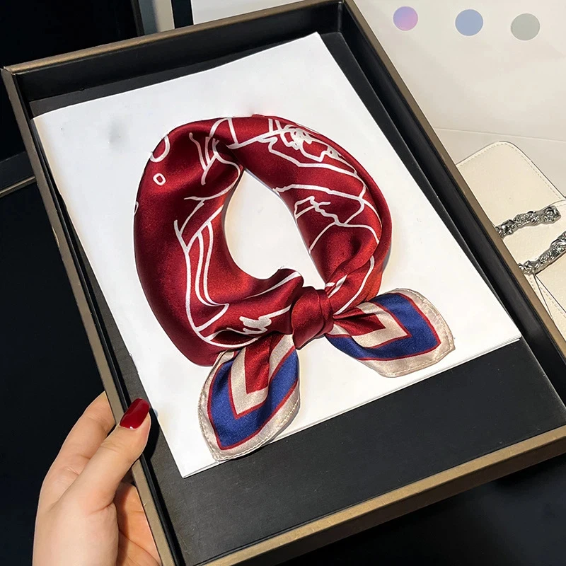 

100% Natural Real Silk Scarf Women Winter Luxury Brand Vintage Dark Red Print Hair Neckerchief Hijab Bandana Scarves 53x53cm