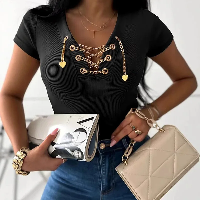 Elegant Spring Summer Solid V-Neck Chain Heart Pendant Women's Tee Tops Blouse