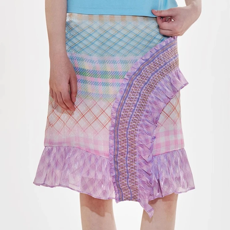 Summer New Thin Women's Short Skirt Japanese Original Gradual Change Plaid Purple Splicing Pleated Satin A-line Skirts Ladies