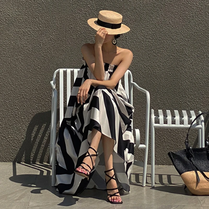 Chic Summer Vaion Sle Off-oulder Color Blo Geometric Pattern Loose Casual Wrap Dr Women's Long Svel Gown