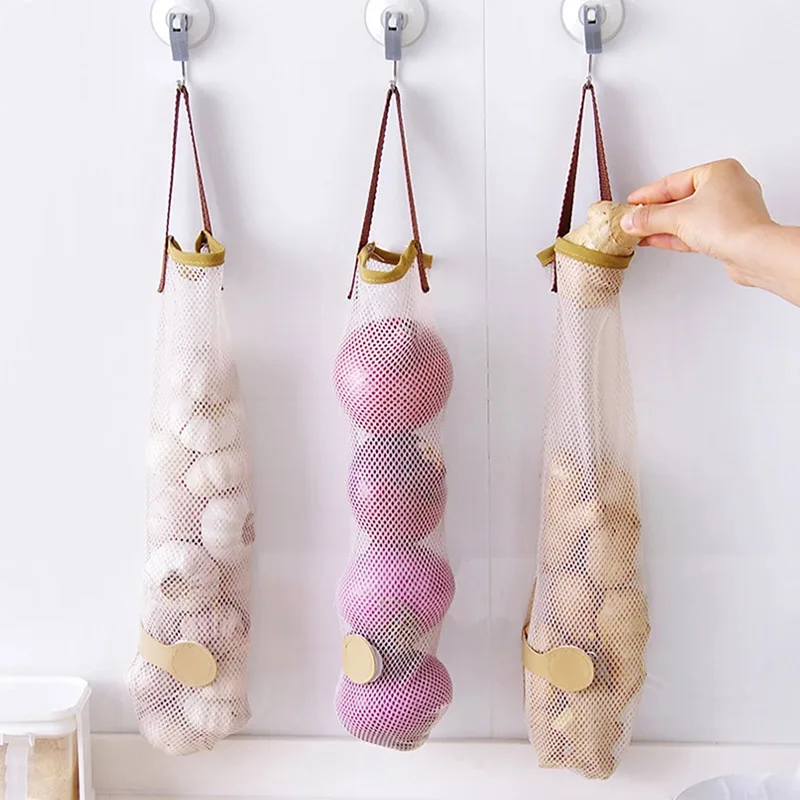 1PCS Mesh Net Fruit Vegetable Garlic Onion Hanging Storage Bags Food Reusable Bag Organizer Home Hollow Kitchen Accessory