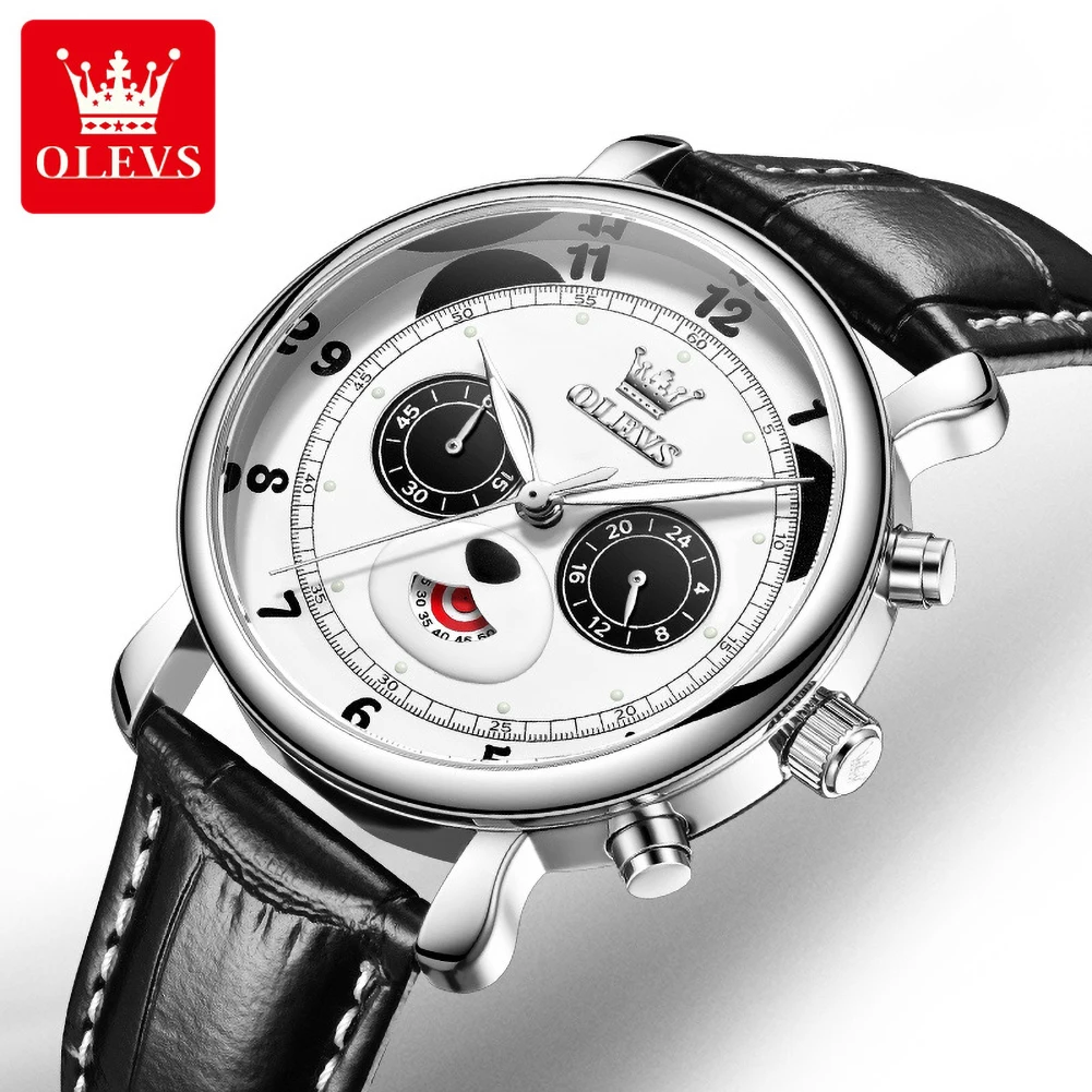 OLEVS 3753 Men's Watch Original Fashion Multifunctional Leather Strap Waterproof Watches for Men Panda Dial Reloj