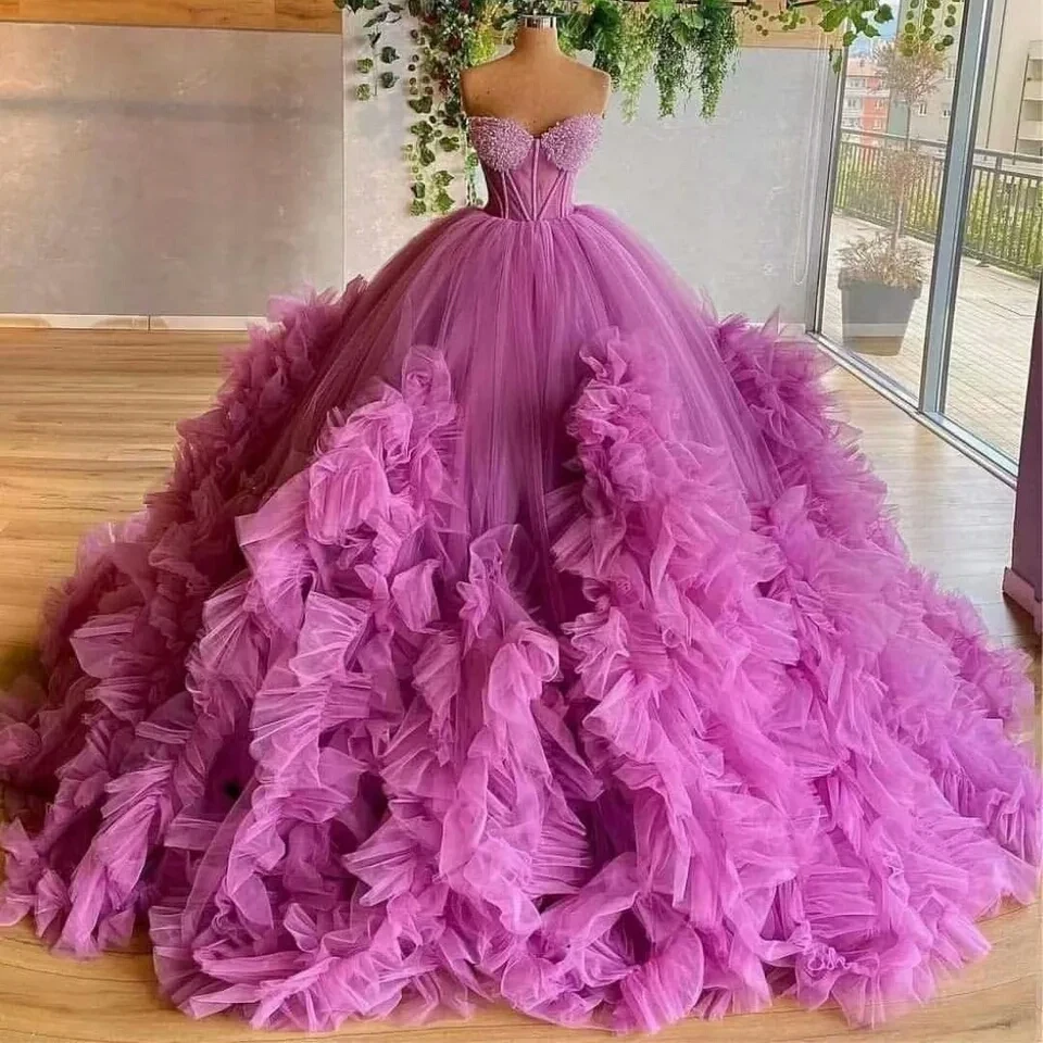 Light Purple Prom Dress Layered Ruffle Formal Party Banquet Dress Tulle Sweet 15 Princess Dress