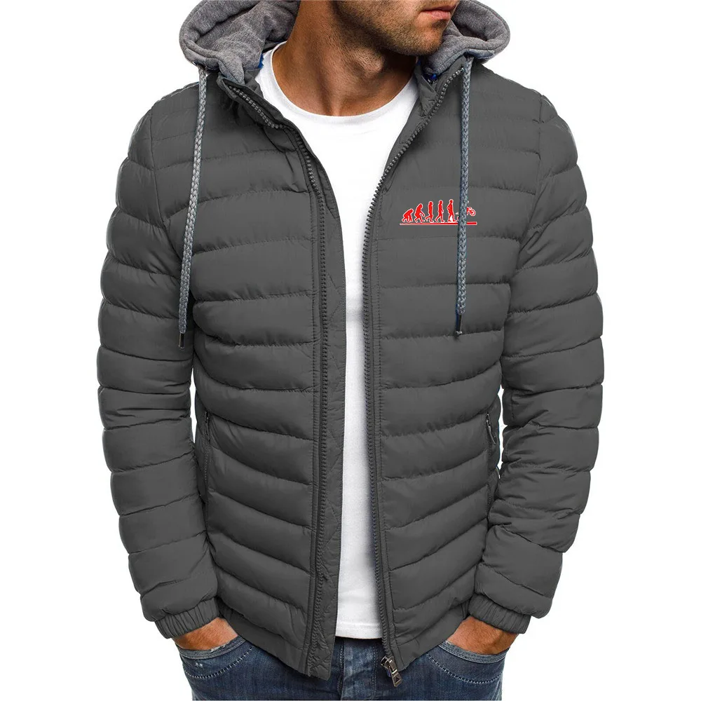 Manteau d'hiver pour homme 2026 Human Evolution Motocross Design, nouveau modèle sept couleurs, rembourré en coton, à capuche et fermeture éclair, style universitaire tendance