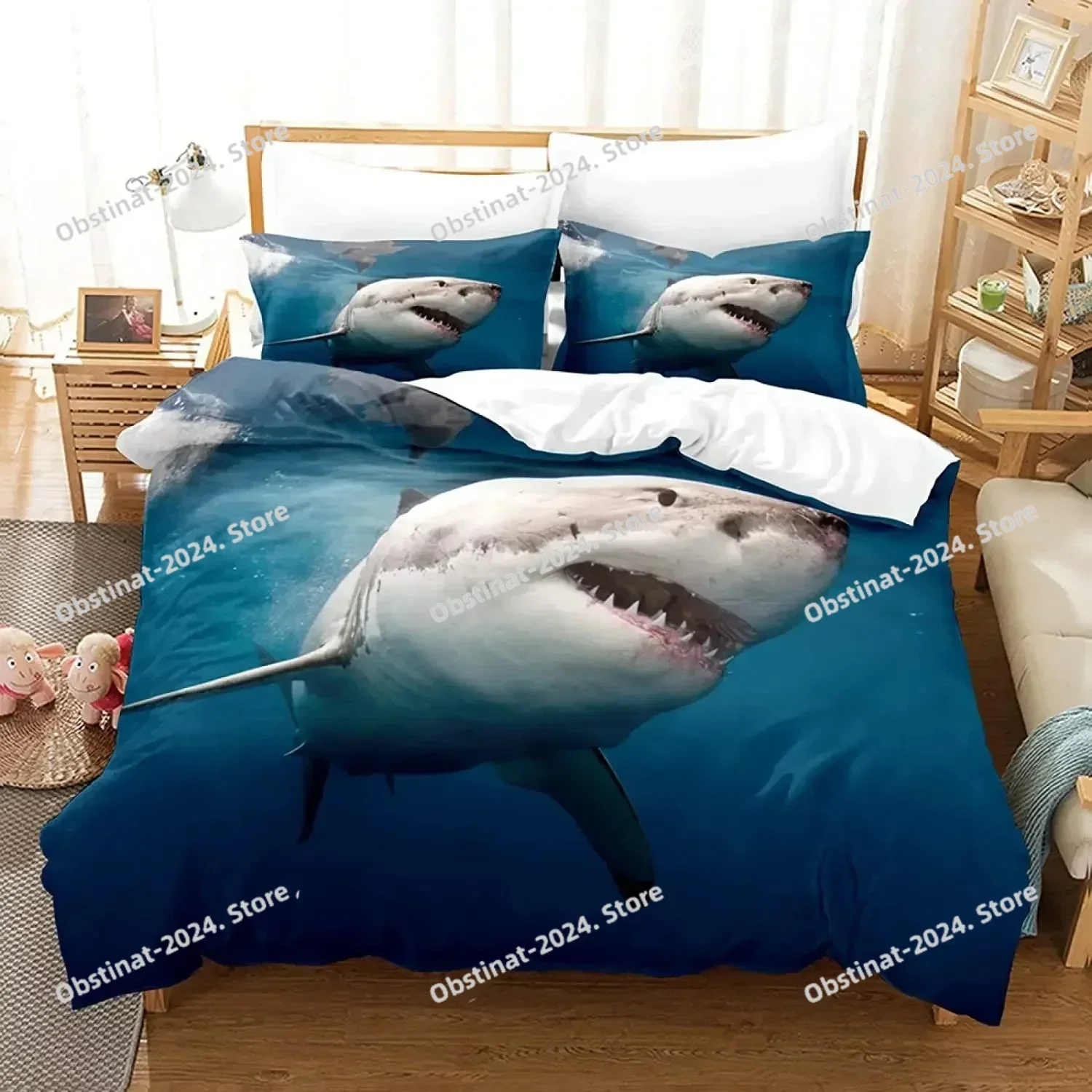 Shark 3D Shark Jumping From Ocean Big Open Mouth 3D Print Bedding Set,Duvet Cover Bed Set Quilt Cover Pillowcase,King Queen Size