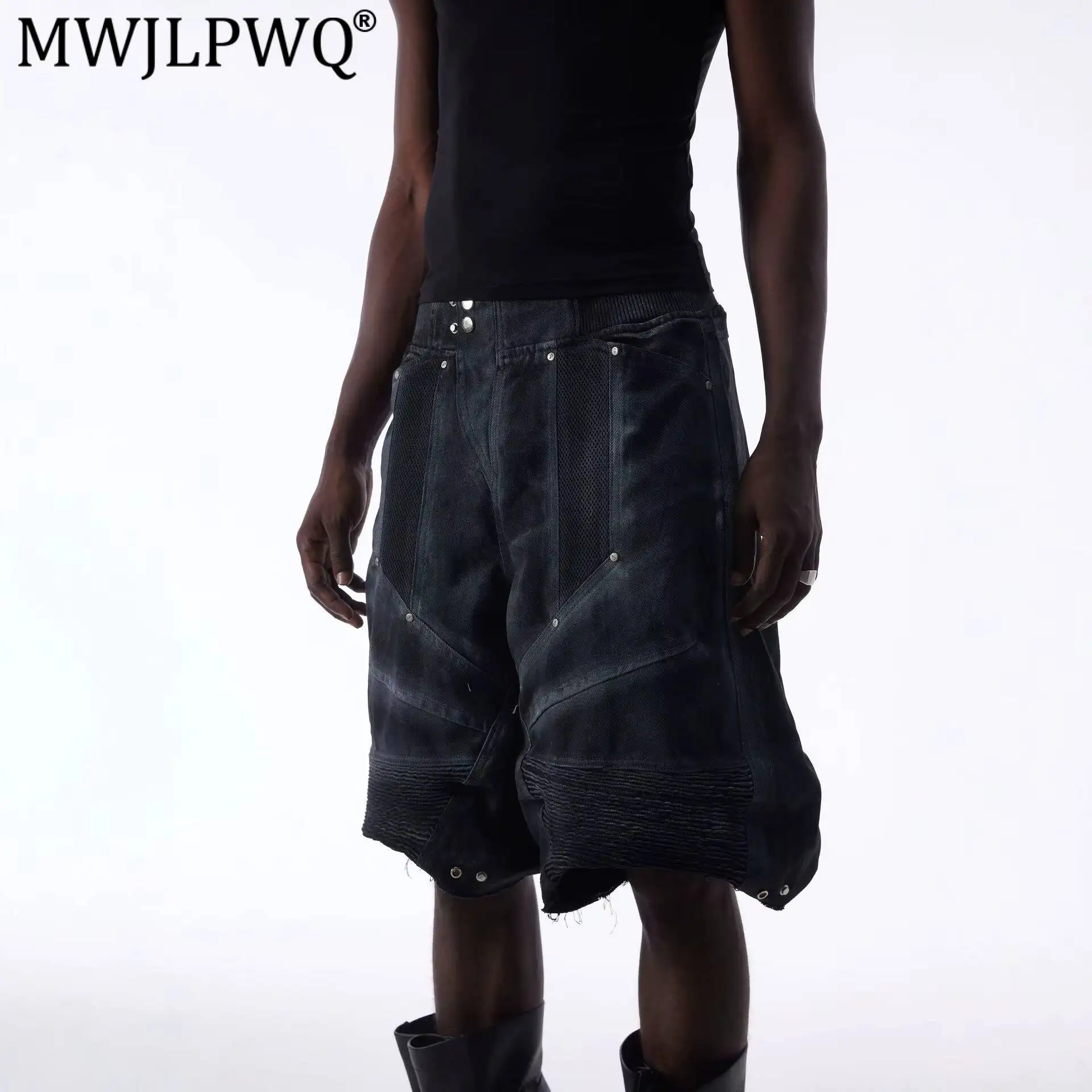 MWJLPWQ Streetwear Vibe Style Heavy-Duty Washed Distressed Mesh Patchwork Rivet Frayed Hem Jeans For Men Wide-Leg Shorts 17413
